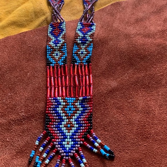 Brand New Necklace Handmade Red Blue  Rust Seed Bead Black Turquoise Lightweight - Picture 2 of 10